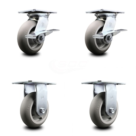 Service Caster 6 Inch Thermoplastic Caster Set with Roller Bearing 2 Brakes and 2 Rigid SCC SCC-35S620-TPRRD-SLB-2-R-2